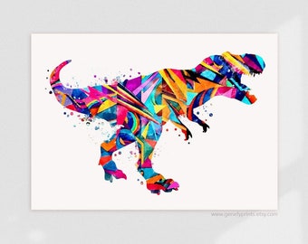 Abstract T-Rex Watercolor Art Print: Colorful Dinosaur Wall Decor