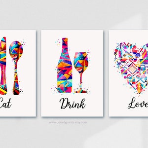 Küche Essen Trinken Liebe Aquarell Kunstdruck - 3er-Set Drucke - Bunter abstrakter Küchendruck, lebendige Küchen Wandkunst, Café Dekor-Ideen