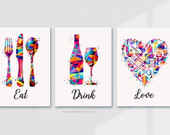 Eat Drink Love Kitchen Prints: Colorful Watercolor Art, Set of 3