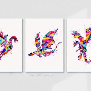 Dragon Watercolour Art Print - Set of 3 Prints, Colourful Abstract Dragon Print, Dragon  Art, Vibrant Dragon Wall Art, Living Room Decor