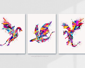 Abstract Dragon Watercolor Art Print Set - Colorful Living Room Decor