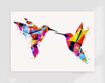 Abstract Hummingbird Watercolor Art Print: Colorful Bird Couple