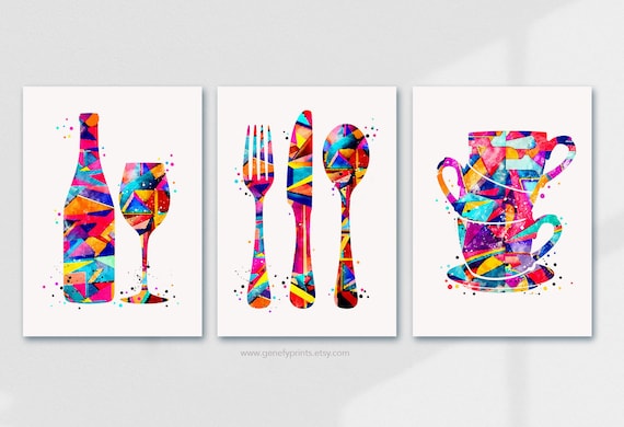 Kitchen Watercolor Art Print Set: Abstract Cutlery, Wine, Coffee