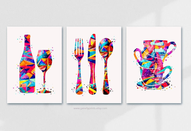 May include: Three colorful abstract art prints featuring a wine bottle and glass, a fork, knife, and spoon, and a teacup and saucer. The prints are on a white background with a subtle watercolor effect.
