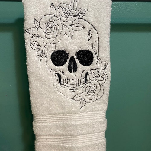 CAMEO HIS HERS SPOOKY SKELETON SKULL HAND TOWEL SET CUSTOM EMBROIDERED