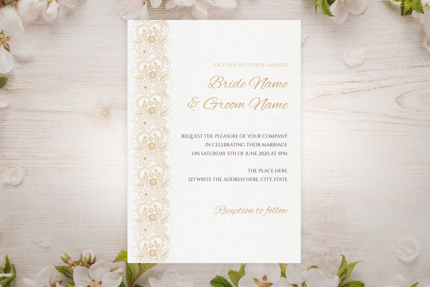 DIY Printable 5x7 Wedding Invitation Template Gold Heart Etsy