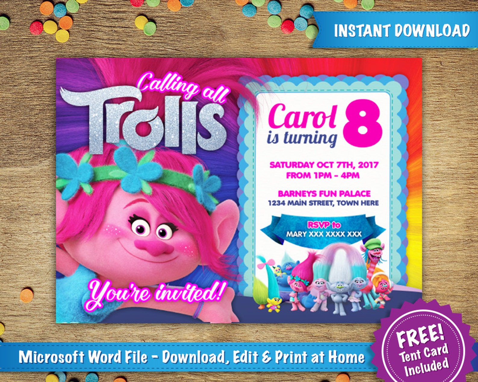 DIY Printable 5x7 Trolls Poppy Birthday Party Invitation | Etsy