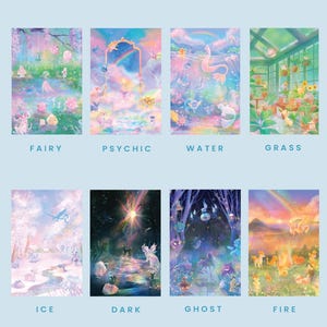 May include: A light blue postcard bundle set with the text "Pokémon Types." The set contains eight postcards, each with a different Pokémon type illustrated in vibrant colours. The website address www.sugarmints.ca is at the bottom.