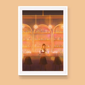 May include: A digital painting of a bar with a woman tending bar. The bar is lit with warm yellow lights and has shelves of bottles behind the bar. There are three empty bar stools in front of the bar.