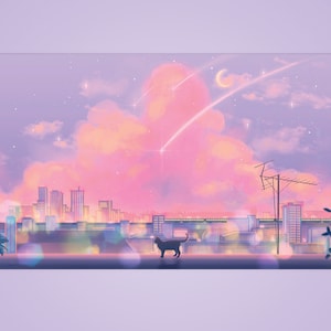 May include: A mouse mat with a digital art illustration of a city skyline at dusk. The image depicts a black cat, buildings, and a pink and purple sky with a crescent moon and shooting stars. The overall theme is a dreamy, anime-inspired aesthetic.