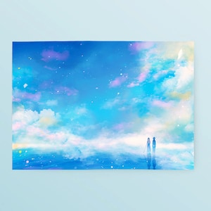 May include: A digital painting of a couple standing on a cloud-filled sky with a blue and pink gradient. The sky is filled with white clouds and stars.