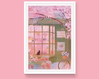May include: A pastel pink storefront with a sign that reads "Flowers & Books". The shop window is filled with flowers and books. A black cat sits on a windowsill. A bicycle with a basket of flowers is parked in front of the shop.