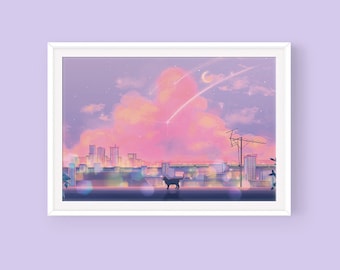 Anime-kattenposter: Dromerige stad