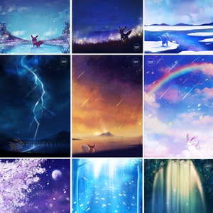 Peut inclure: Un collage d'art numérique présentant neuf scènes différentes avec une variété de personnages Pokémon, notamment Eevee, Vaporeon, Jolteon, Flareon, Espeon, Umbreon, Leafeon, Glaceon et Sylveon. Les scènes se déroulent sur fond de nuits étoilées, d'arcs-en-ciel et d'autres éléments magiques.