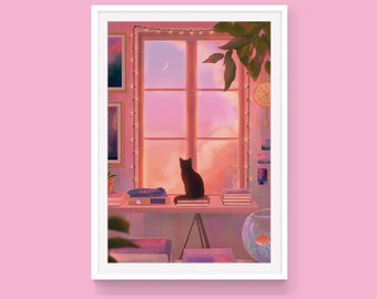 May include: A black cat sits on a windowsill looking out at a pink and orange sunset. The window is decorated with string lights and there is a record player on the sill. There are books and a fishbowl on the table below the window.