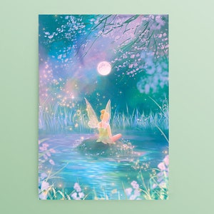 May include: A fairy with blonde hair and green wings sits on a rock in a pond. The pond is surrounded by green grass and trees. The moon is shining brightly in the night sky.