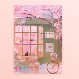 Cat Postcard: Flowers and Books