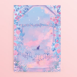 Carte postale de chat : roses et nuages