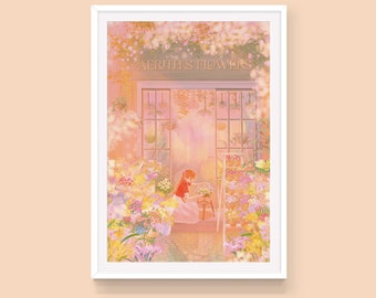 Puede incluir: Una impresión artística enmarcada de una escena de floristería. La tienda, llamada "Aerith's Flowers", está llena de flores coloridas. Una persona con una camisa roja y una falda blanca está arreglando flores. La obra de arte tiene una paleta de colores pastel.