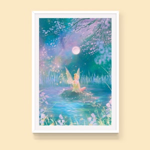 May include: A fairy with green wings sits on a rock by a pond, looking at a full moon in the night sky. The pond is surrounded by trees and flowers, and the scene is bathed in a soft, blue light.