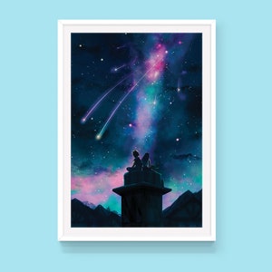 Peut inclure: Une peinture numérique de deux personnages assis sur une structure en pierre, regardant un ciel nocturne étoilé avec une galaxie de couleurs rose, violette et bleue. Des étoiles filantes traversent le ciel.
