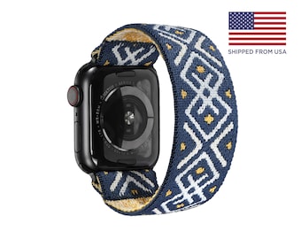 Stretch Elastic Apple Watch Band – Blue Geometric Pattern