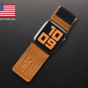Correa ultra ancha con velcro de la serie Fortitude de Tefeca para Apple Watch/Apple Watch Ultra/etiqueta de cuero marrón