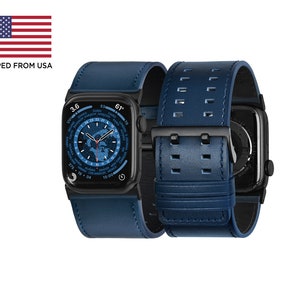 Tefeca Dual Series Replacement Watch Band Compatible with Apple Watch/ Apple Watch Ultra | Blue Leather with Black Adapters 44/45/46/49mm