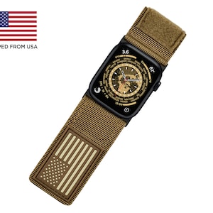 Tefeca Fortitude Series Ultra Wide Hook and Loop Band for Apple Watch /Apple Watch Ultra|  Nylon Coyote Tan USA Flag with Black Adapters