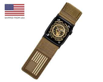 May include: A black Apple Watch with a brown nylon strap featuring a white American flag patch. The watch face displays a world time zone clock with a gold background.