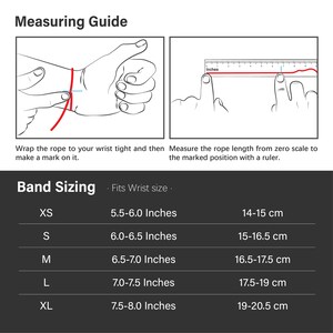 May include: A guide for measuring wrist size for a band. The guide shows a diagram of how to measure your wrist with a rope and a ruler. A table shows the corresponding wrist size in inches and centimeters for different band sizes: XS, S, M, L, and XL.