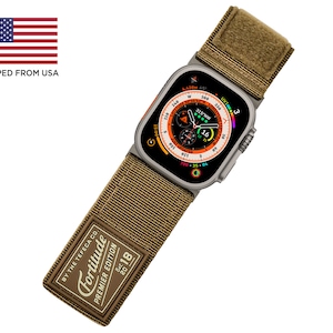 Tefeca Fortitude Series Ultra Wide Hook and Loop Band for Apple Watch /Apple Watch Ultra|  Nylon Coyote Tan with Silver Adapters