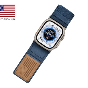 Tefeca Fortitude Series Ultra Wide Hook and Loop Band for Apple Watch /Apple Watch Ultra| Nylon Midnight Blue USA Flag with Silver Adapters