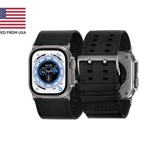 Tefeca Dual Series vervangende horlogeband compatibel met Apple Watch/Apple Watch Ultra | Zwart zeildoek met zilveren adapters