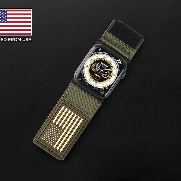 Tefeca Fortitude Series Ultra Wide Hook and Loop Band for Apple Watch /Apple Watch Ultra | Canvas Army Green USA Flag | 42/44/45/49mm
