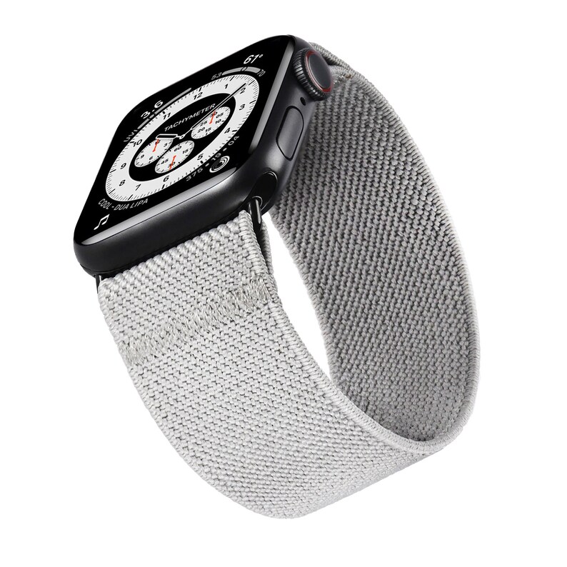 May include: A black Apple Watch Series 8 with a gray sport loop band. The watch face displays a chronograph watch face with the text "DUA LIPA" at the bottom.