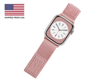 Könnte beinhalten: Eine rosafarbene Apple Watch mit einem rosafarbenen Stoffband, auf dem "Fortuna" und "Mexico" steht.