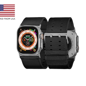Tefeca Dual Series vervangende horlogeband compatibel met Apple Watch/Apple Watch Ultra | Zwart nylon met zilveren adapters 44/45/46/49 mm