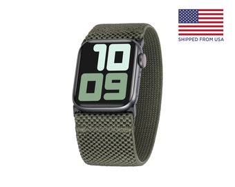May include: A green Apple Watch Sport Loop band with a black Apple Watch face displaying the time 10:09.