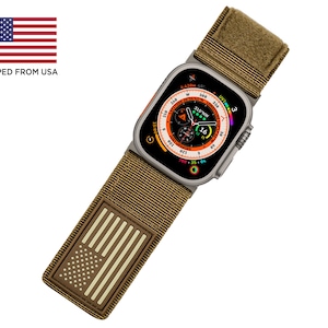 Tefeca Fortitude Series Ultra Wide Hook and Loop Band for Apple Watch /Apple Watch Ultra|  Nylon Coyote Tan USA Flag with Silver Adapters