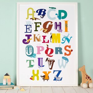 ABCd...Alphabet colourful modern Print with illustrated characters / kids room wall art