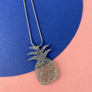 Pineapple necklace / Sterling Silver Necklace Pineapple / Happy Pineapple necklace / Glitter Silver Acrylic Necklace image 4