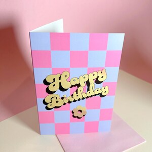Carte de joyeux anniversaire / Carte d'anniversaire à carreaux / Carte de voeux d'anniversaire / Carte d'anniversaire moderne / Carte rose et lilas