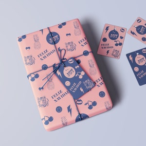 Carta da regalo natalizia, Carta da regalo blu e rosa, Carta da regalo natalizia Feliz Navidad
