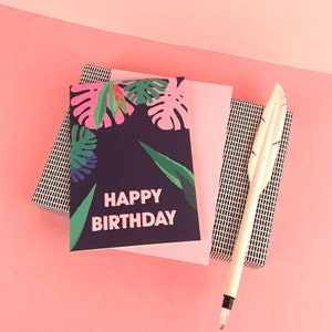 Cartão tropical de feliz aniversário/cartão de palmeira/amante tropical/planta monstera/cartão de planta/cartão a6