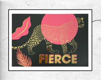 Fierce Leopard - Typographic Art Print - Animal Print / Quote Print / Gold Foil / Wall Art Print / Typography Poster / Wall Decor