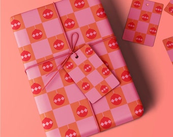 Christmas Bauble wrapping paper, Gift wrap orange and pink, Baubles Wrapping paper, Christmas wrapping paper
