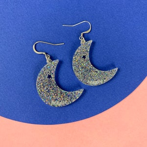 Moon magic Earrings / Sterling silver earrings / Glitter silver earrings / Acrylic earrings image 1