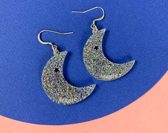 Moon magic Earrings / Sterling silver earrings / Glitter silver earrings / Acrylic earrings