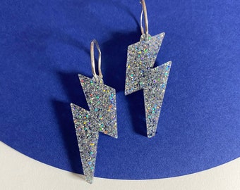 Lightning bolt hoop Earrings / Sterling silver earrings /  Glitter earrings / Acrylic earrings